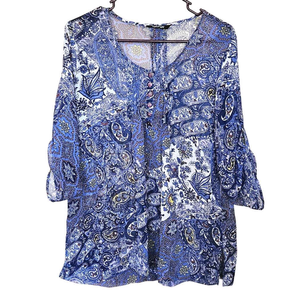 Krazy Kat Sheer Blouse Tunic Top Blouse Boho Blue Paisley Print Vacation Chic